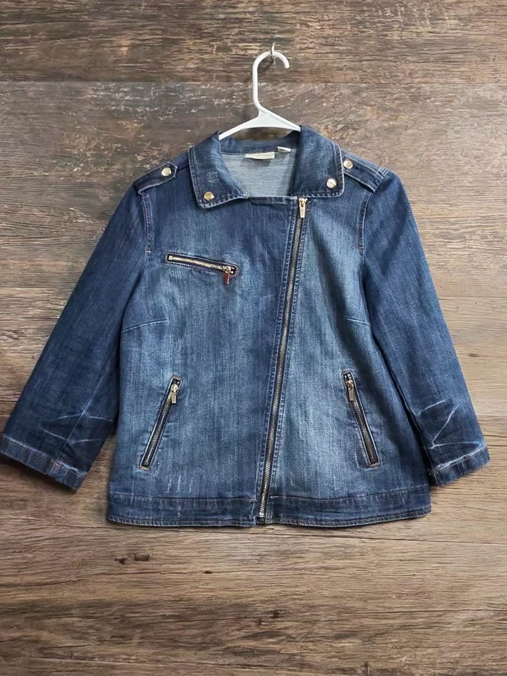 Chico's Distressed Dark Blue Denim Moto Jacket